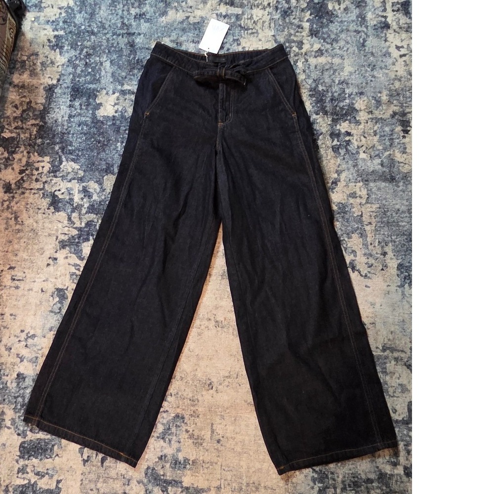 Zara Womens Dark Wash Wide Leg Belted Jeans Indigo High Waist Size S 26 1934/022